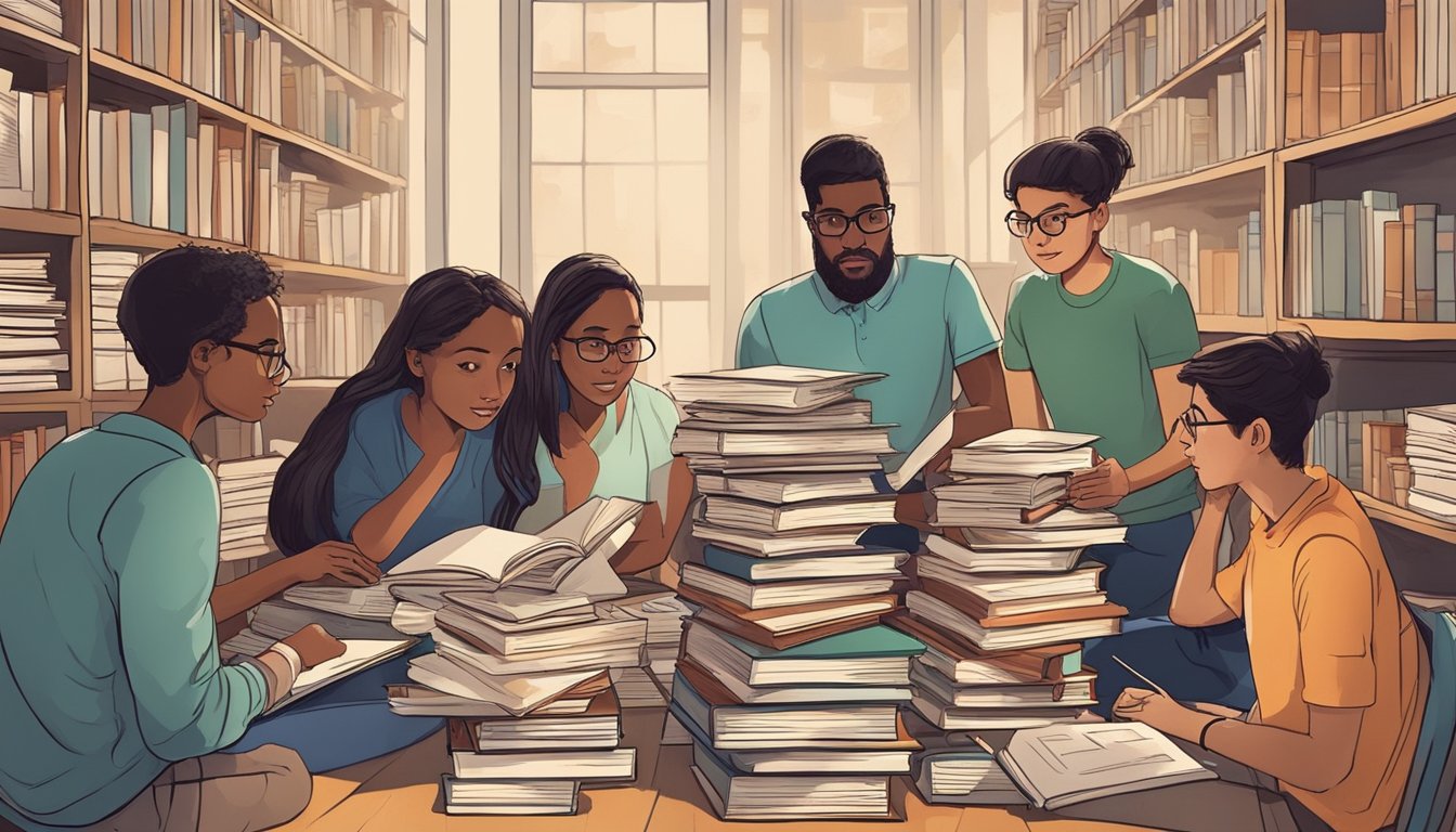 A group of students engage in lively discussions, surrounded by stacks of books and papers. The atmosphere is focused and determined, with an air of intellectual curiosity