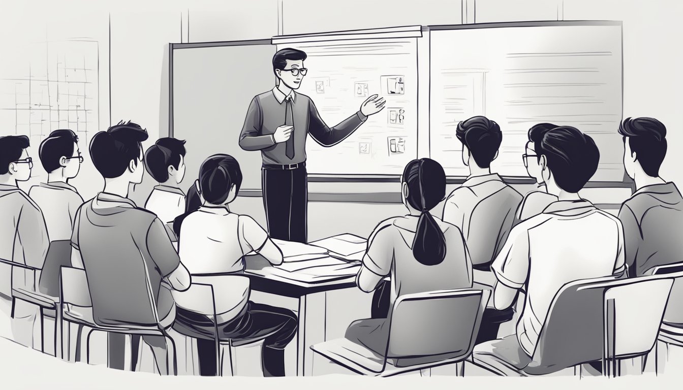 A group of students surrounds a teacher, eagerly asking questions about general paper tuition. The teacher stands confidently, answering with knowledge and enthusiasm