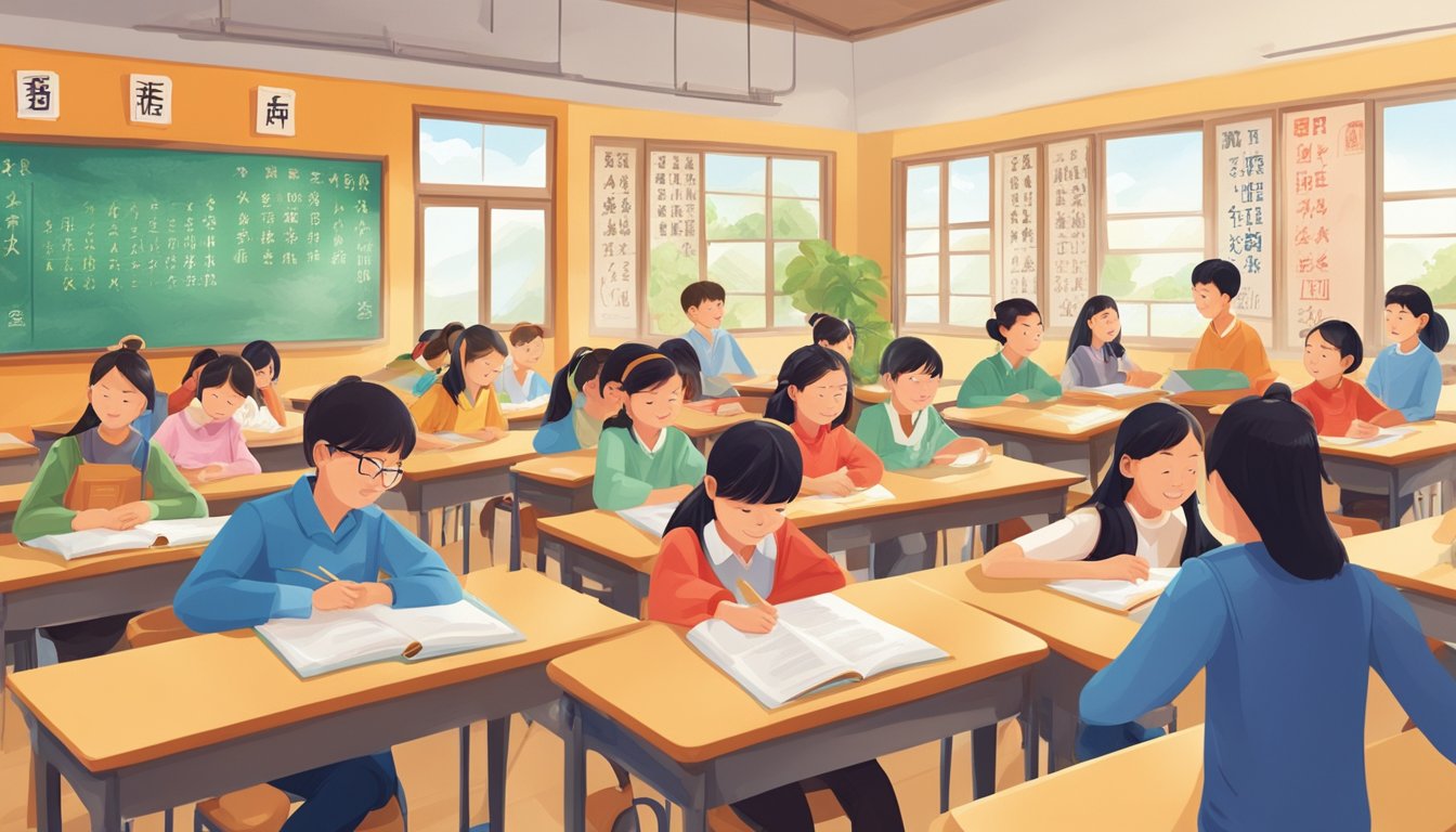A bustling classroom with students engaged in Mandarin lessons, colorful posters of Chinese characters and cultural symbols adorn the walls