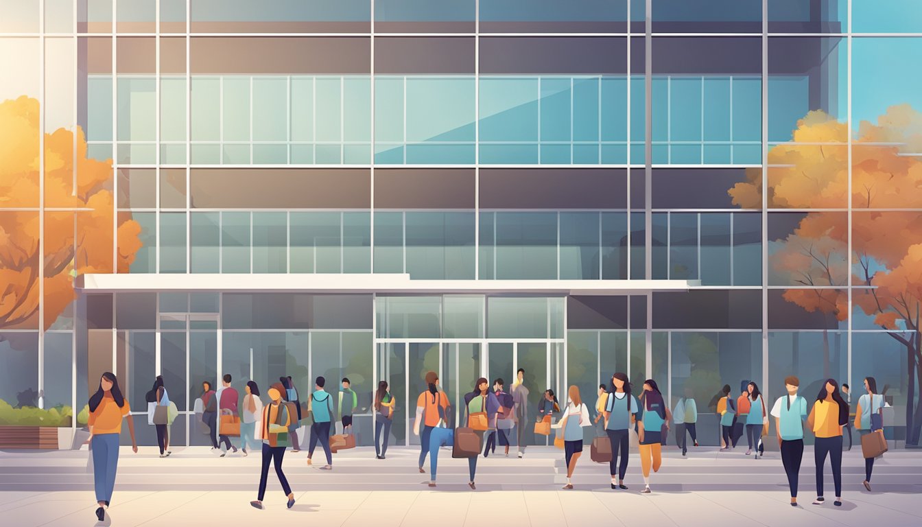 A busy campus with students entering a modern tuition center. The building has a sleek design with large windows and a vibrant atmosphere