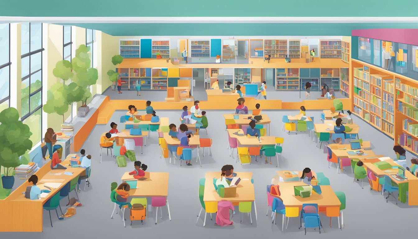 A bustling campus with diverse classrooms and enrichment spaces. Brightly colored curriculum materials and interactive learning resources fill the rooms