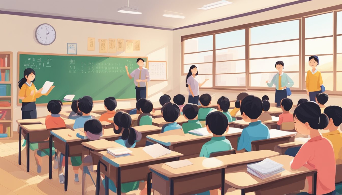 A colorful classroom filled with eager students, Chinese textbooks, and a whiteboard covered in characters. The teacher, Tian Xia, stands at the front with a warm smile, ready to impart knowledge