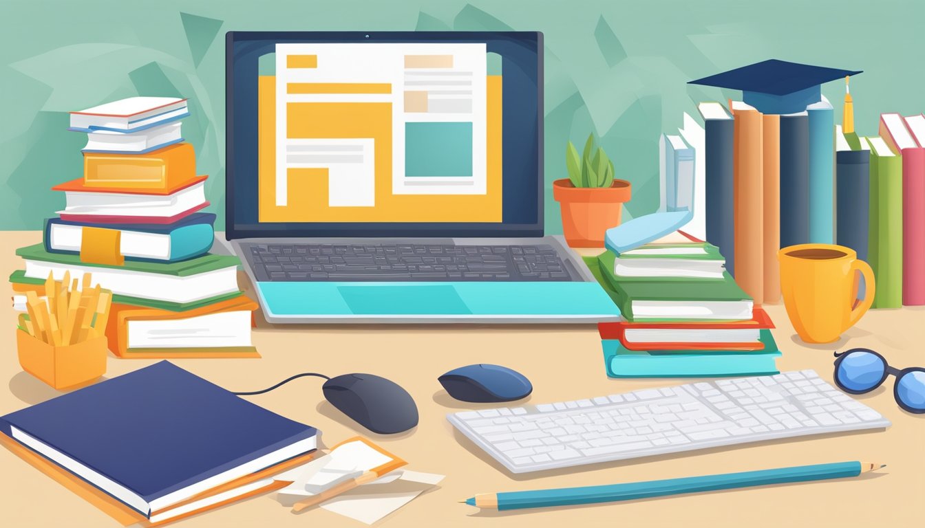 Tuition-Free Online Colleges: The Future of Education A computer with a keyboard and mouse, surrounded by books and a diploma, symbolizing free online college education