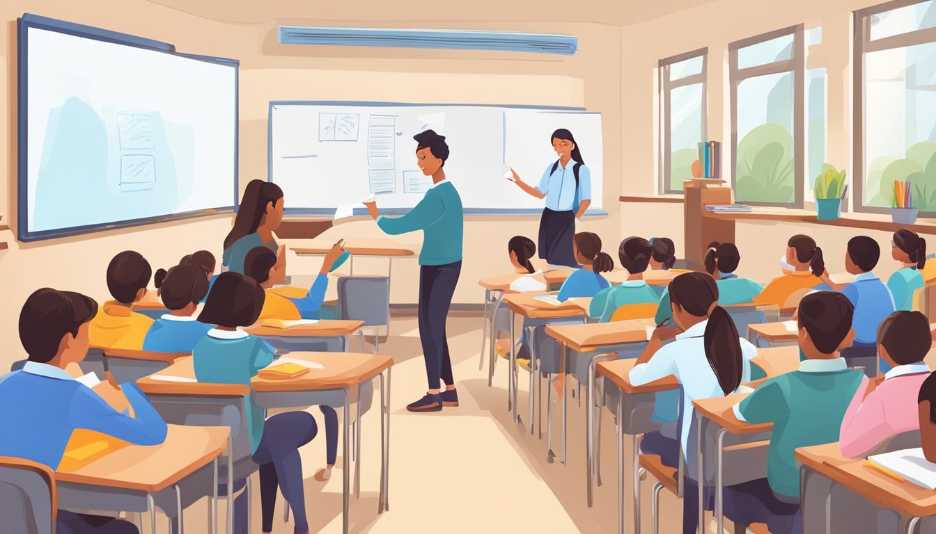 A group of students sitting in a classroom, surrounded by textbooks and notebooks, while a teacher stands at the front of the room, writing on a whiteboard