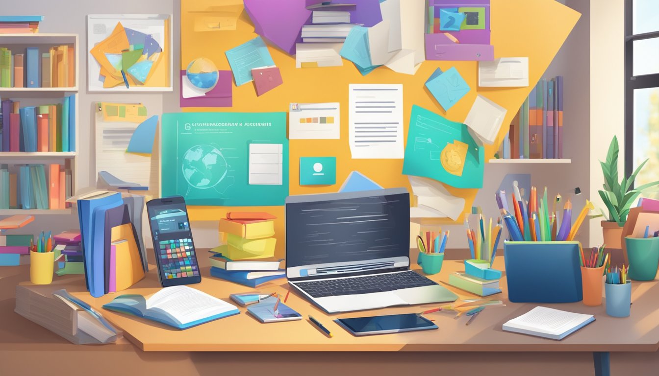 A diverse array of academic programs and curriculum materials scattered across a modern classroom, with colorful textbooks and digital devices