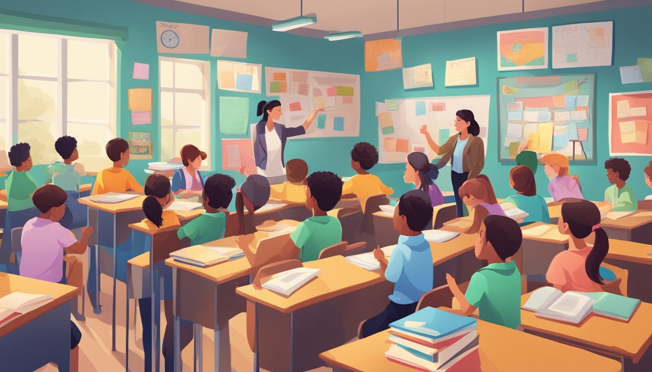 A bustling classroom filled with eager students and a passionate teacher, surrounded by colorful posters and educational materials