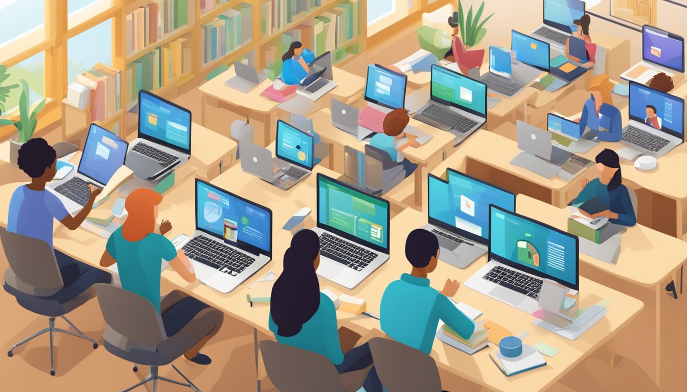 Tuition-Free Online Colleges: The Future of Education Students browsing laptops in a virtual classroom, surrounded by books and educational materials, with a prominent "Tuition-Free Online Colleges" banner displayed