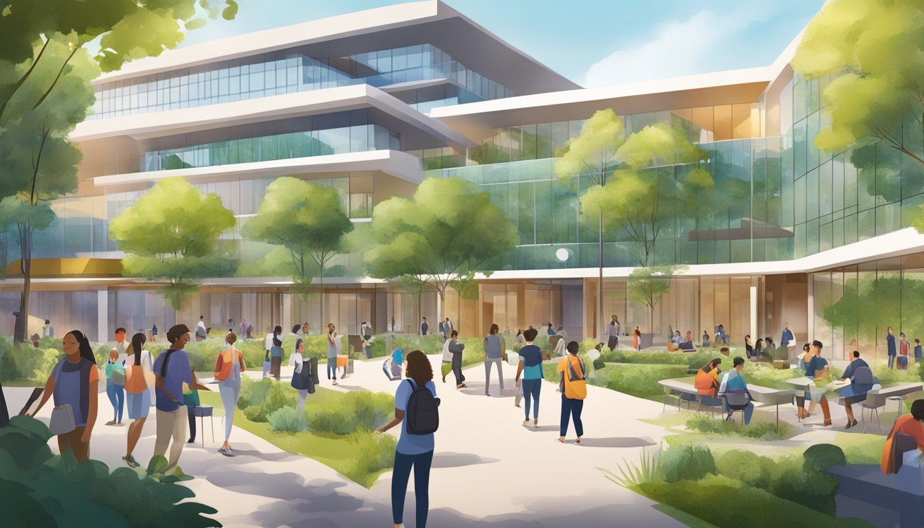 A bustling campus with diverse learning spaces and engaged students, surrounded by greenery and modern architecture