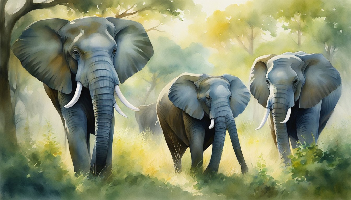 Elephants roam freely in a lush, green savanna, their majestic forms towering above the surrounding vegetation.</p><p>The sunlight filters through the trees, casting dappled shadows on the ground as the elephants move gracefully through their natural habitat