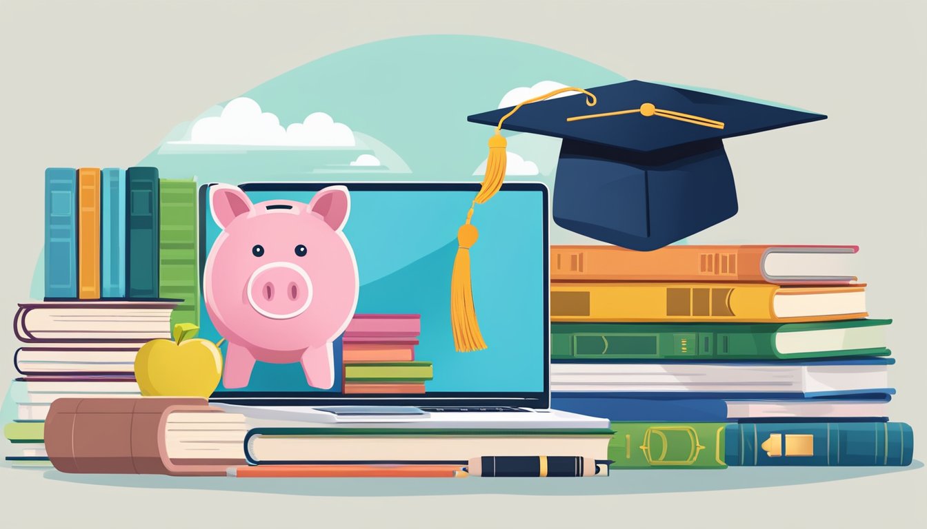 Tuition-Free Online Colleges: The Future of Education A laptop surrounded by books, a graduation cap, and a piggy bank, symbolizing financial support and resources for tuition-free online colleges