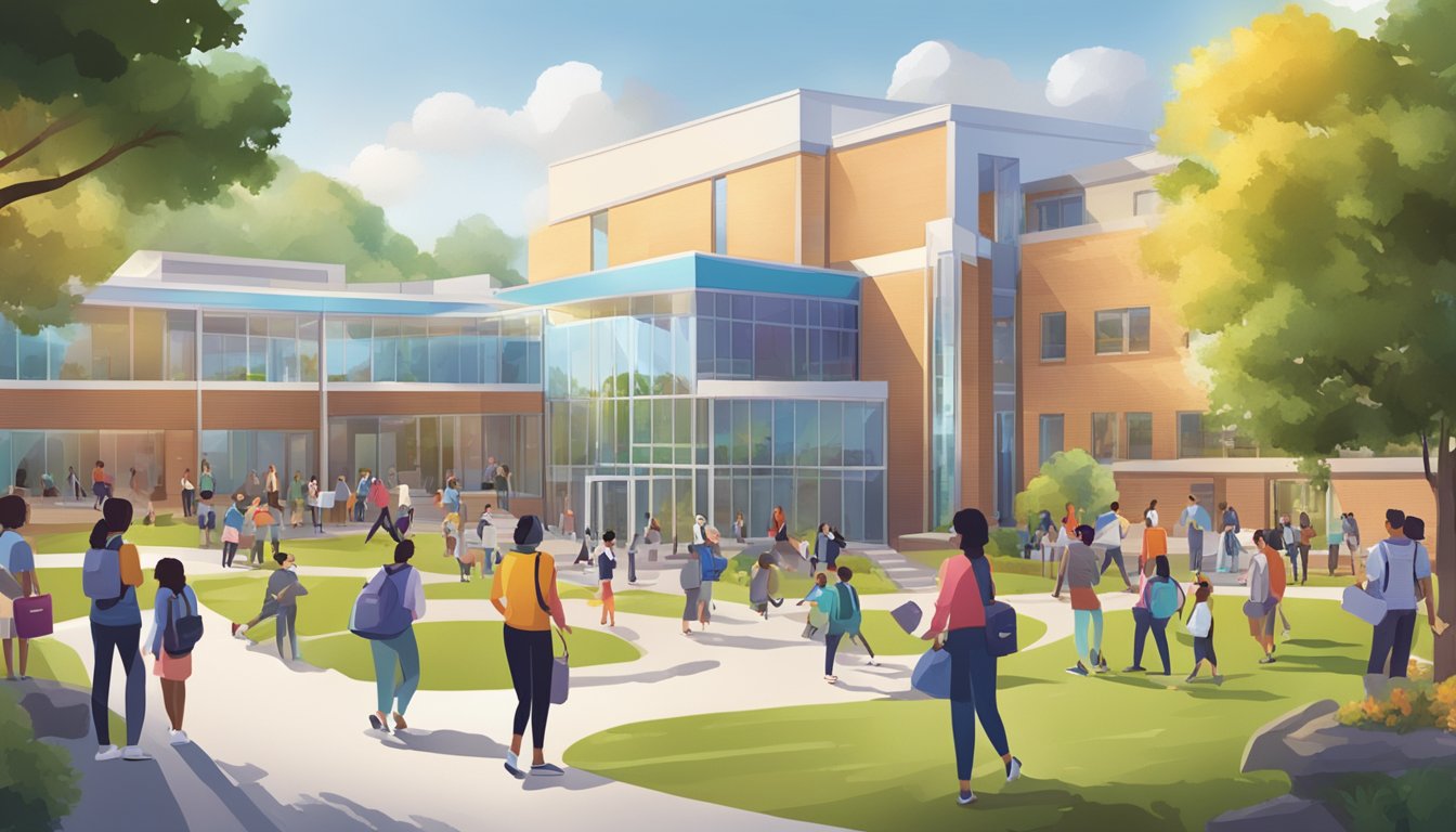 A bustling campus with a vibrant atmosphere, students and parents engaged in conversations, and a prominent sign displaying "Frequently Asked Questions insight campus tuition & enrichment centre"