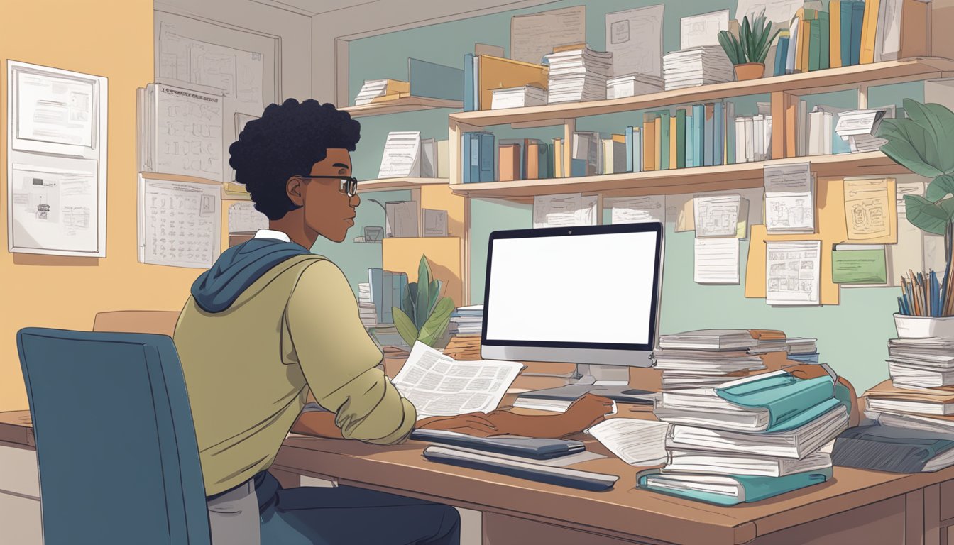 A student sits at a desk, surrounded by textbooks and notes. A laptop is open, displaying the Lewin Tuition website. The room is well-lit and organized, creating a studious atmosphere