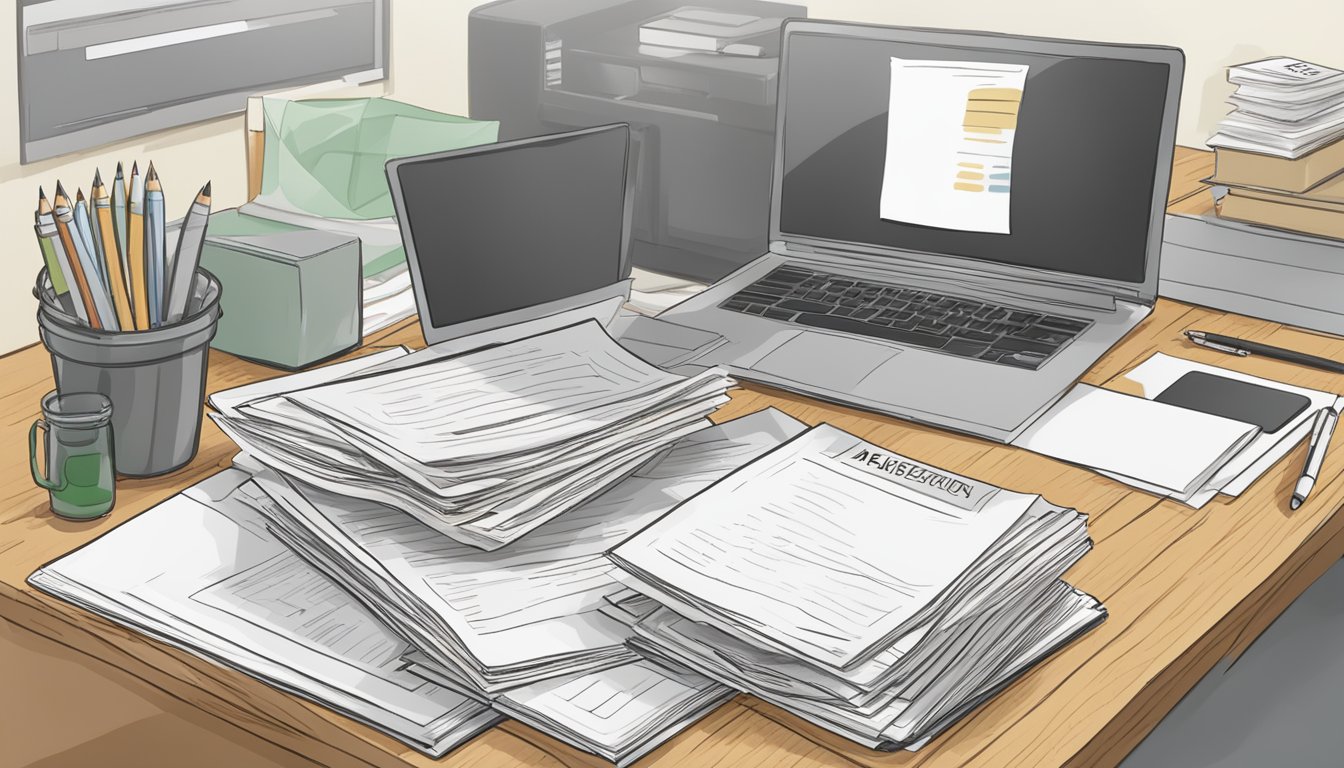 A stack of papers with "Frequently Asked Questions" and "Poveda Tuition" printed on them, surrounded by a computer, pen, and notebook