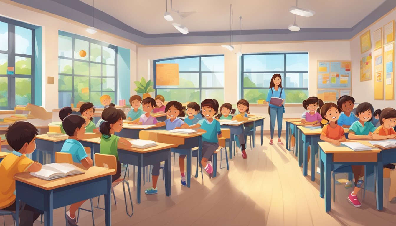 A bright, modern classroom filled with eager students, colorful educational materials, and a welcoming atmosphere at Lewin Tuition Centre