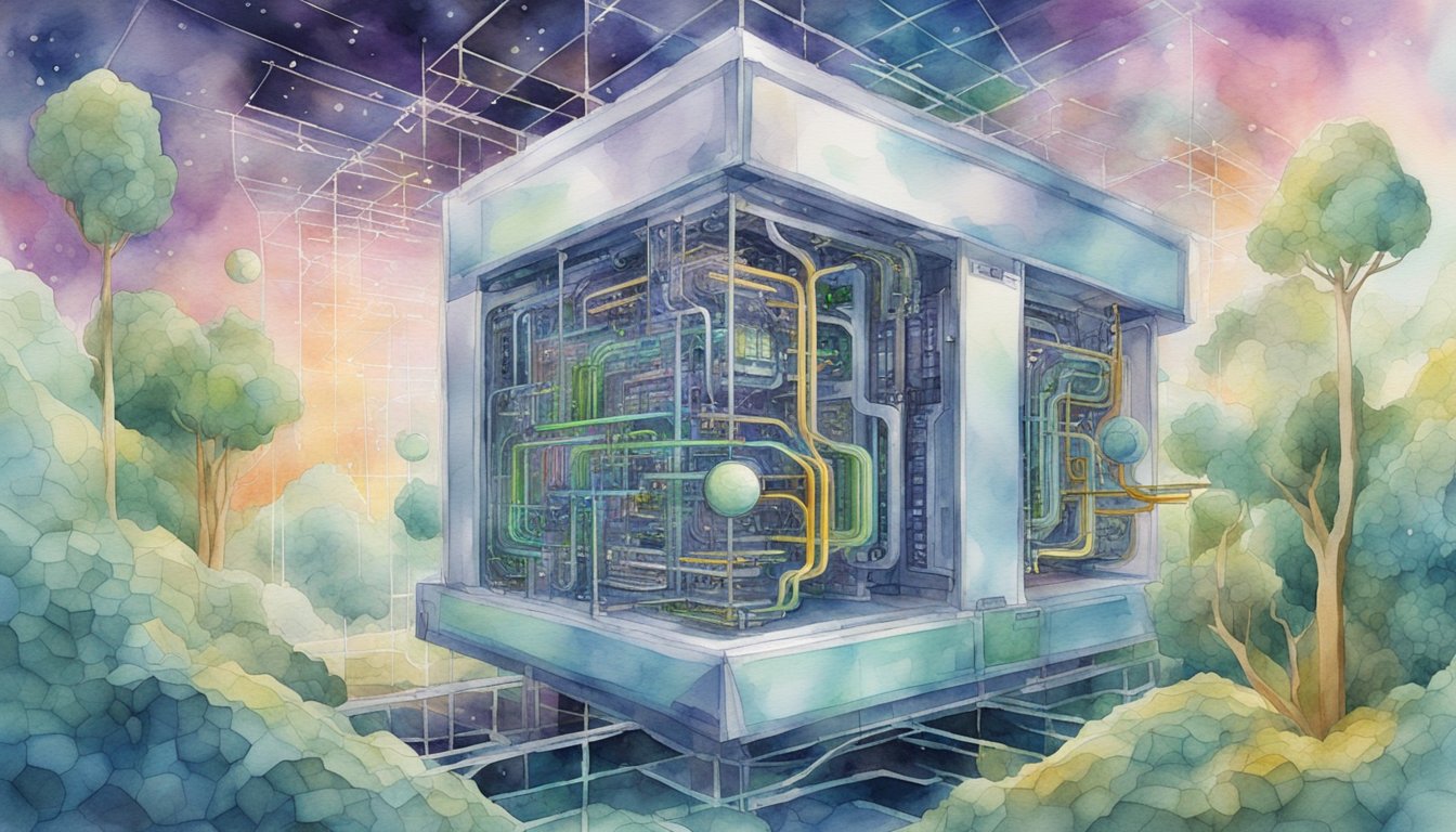 A quantum computer with entangled qubits solving complex algorithms in a supercooled, shielded environment