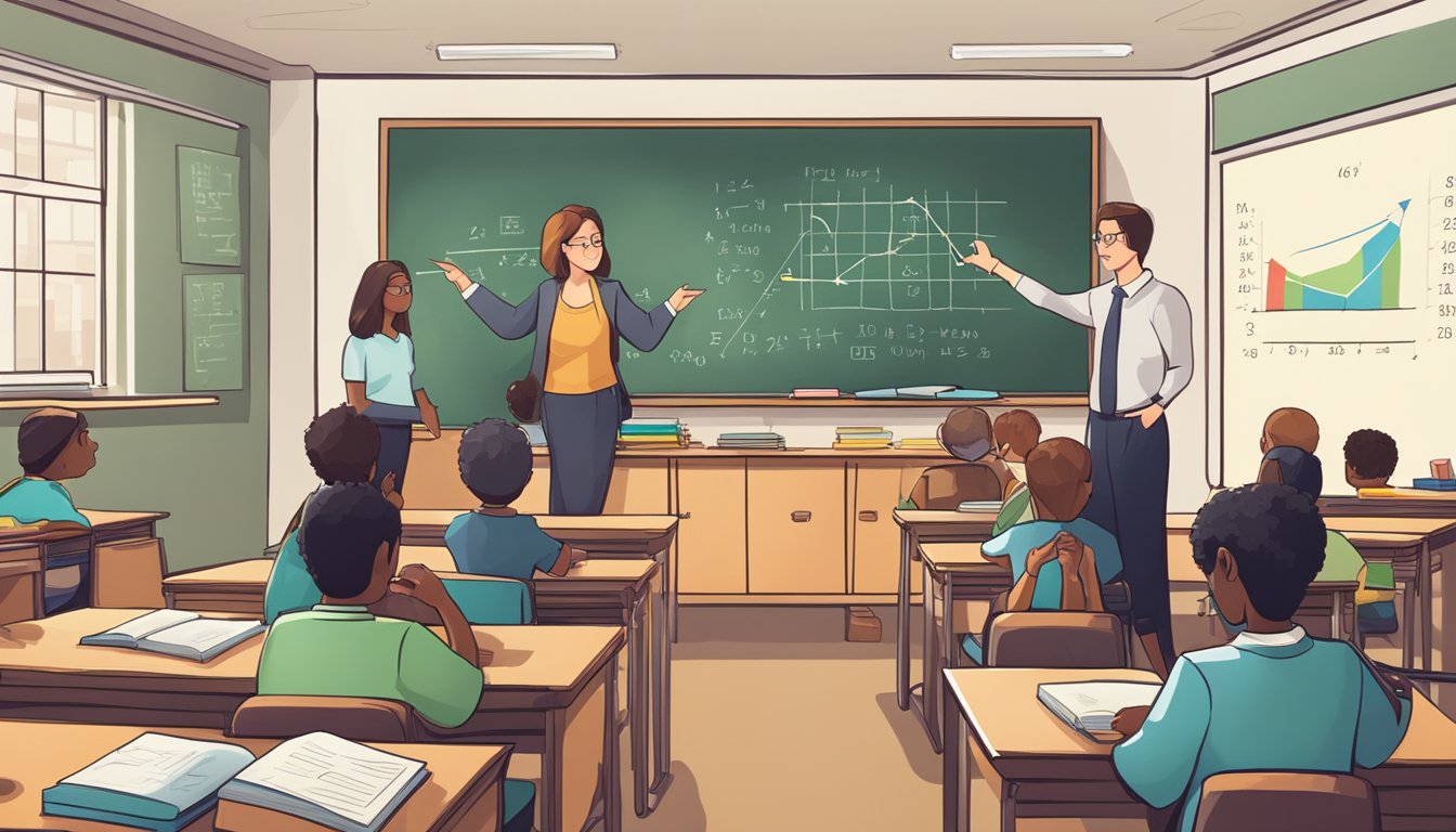 Tuition in Singapore: What You Need to Know A classroom with a blackboard covered in equations, books scattered on desks, and a teacher pointing to a graph on a projector screen