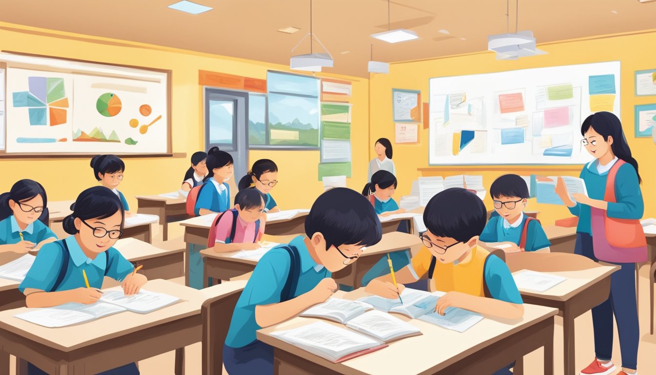 Students engaged in interactive learning activities at Ms. Chen Tuition Centre, surrounded by educational materials and curriculum resources