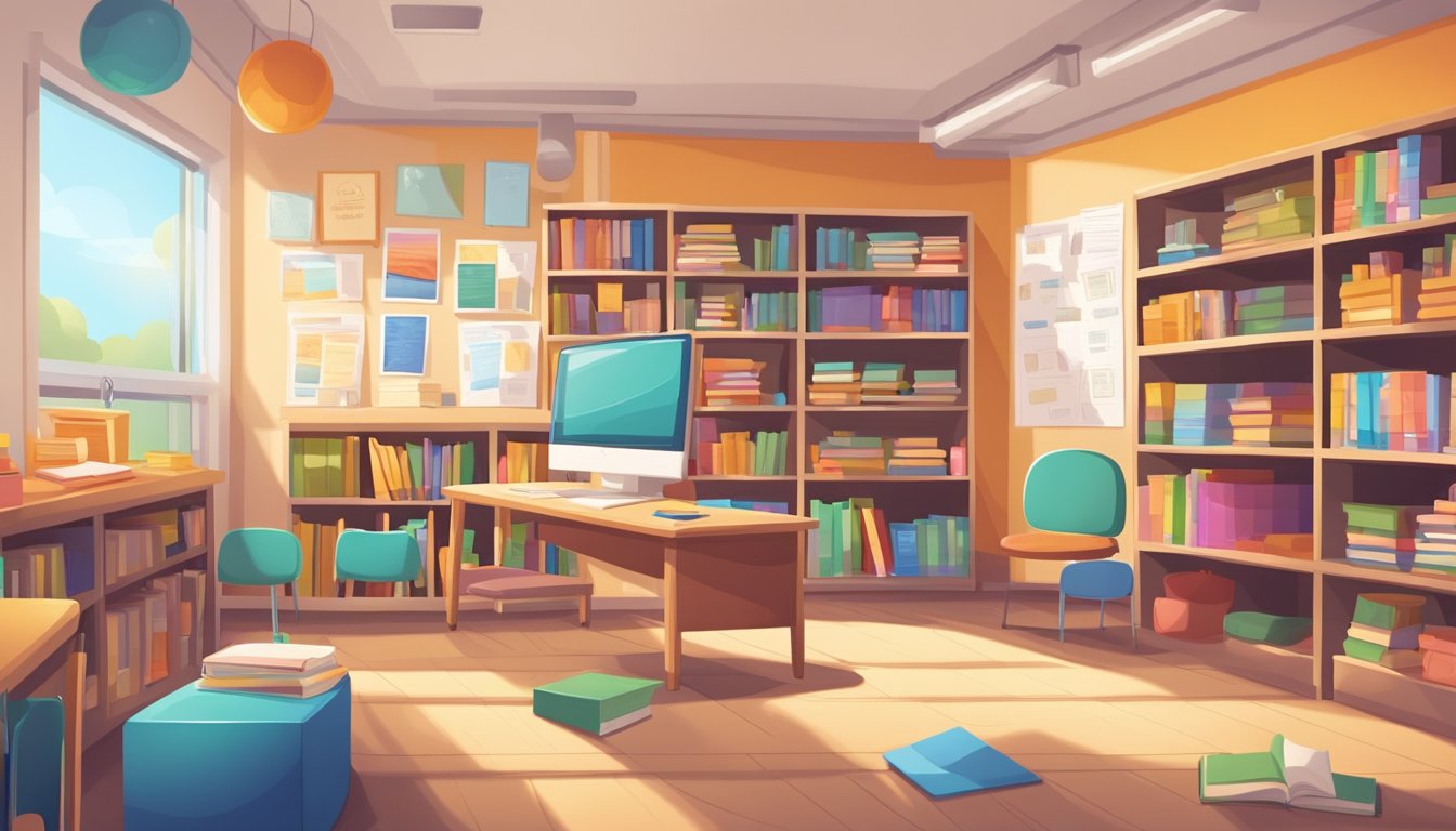 A classroom with colorful posters, books, and educational materials neatly organized on shelves. A whiteboard with neatly written lesson plans and a cozy reading nook in the corner