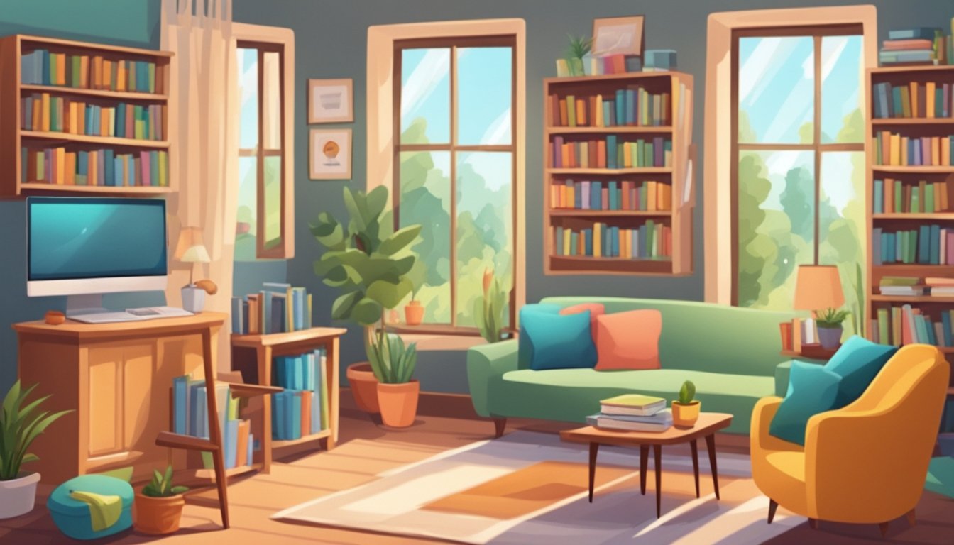 Primary School Home Tuition: Boost Your Child's Learning at Home A cozy living room with a small table and chairs, colorful educational posters on the walls, and shelves filled with books and learning materials