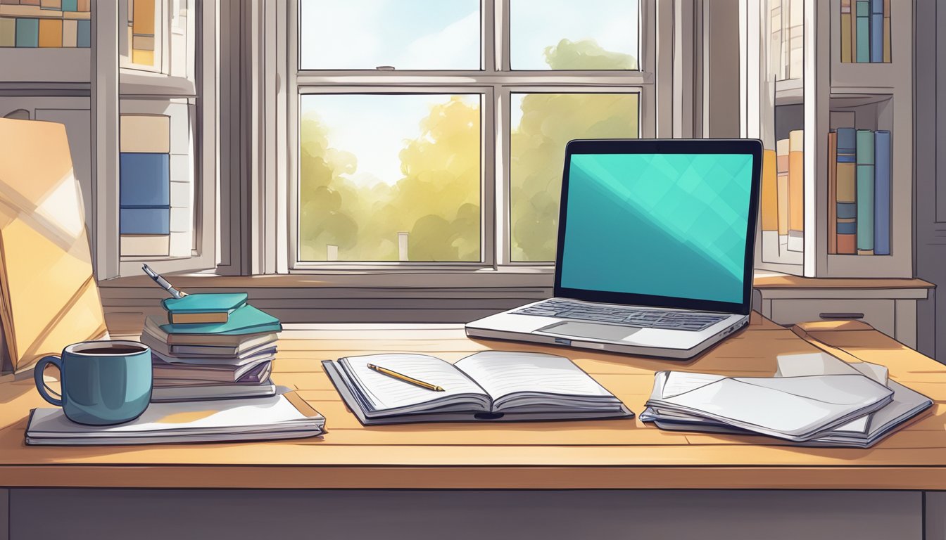 A laptop on a desk with a stack of books, a pen, and a notepad. A bright window lets in natural light, creating a cozy study space