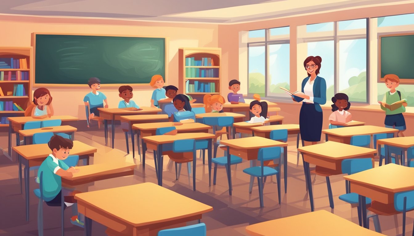 Bright classroom with desks and a chalkboard. Books and educational materials scattered. Smiling teacher explaining to attentive students