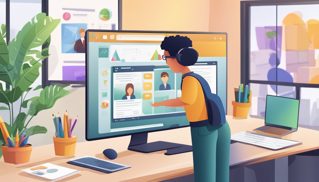 A computer screen displaying an online classroom with interactive tools and video conferencing for e-tuition. Students and teachers engage in virtual learning