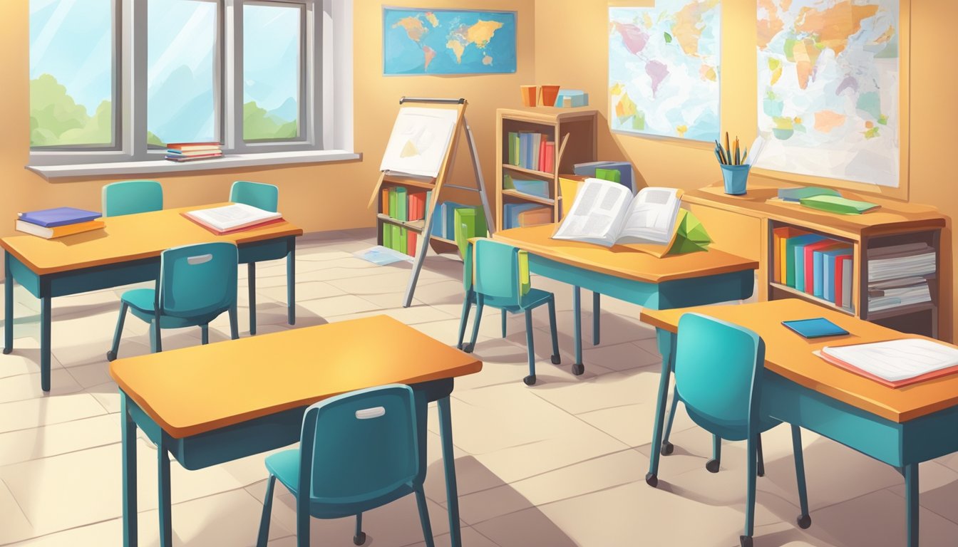 Primary School Home Tuition: Boost Your Child's Learning at Home A colorful classroom with books, maps, and educational posters. A desk with pencils, paper, and a laptop. A teacher
