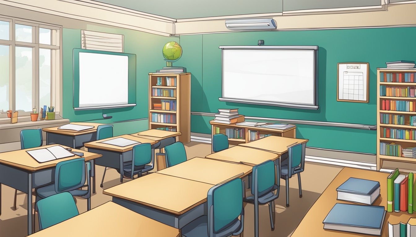 A classroom with books, a whiteboard, and a computer. The focus is on curriculum and subjects