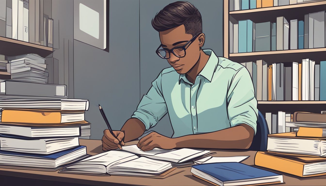 A person sitting at a desk, with a book open and a pen in hand, surrounded by piles of papers and folders