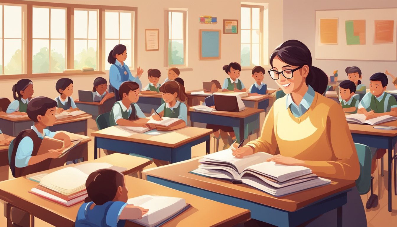 Primary School Home Tuition: Boost Your Child's Learning at Home A teacher sits at a desk, surrounded by young students eager to learn. Books and educational materials are spread out, creating a cozy and inviting atmosphere for primary school home tuition