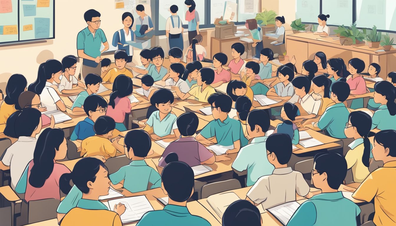 A crowded classroom with eager parents discussing English tuition in Singapore