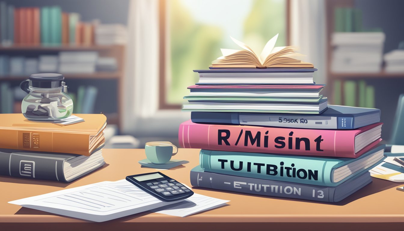 A stack of books with "RMIT Tuition" on a desk, surrounded by financial documents and a calculator