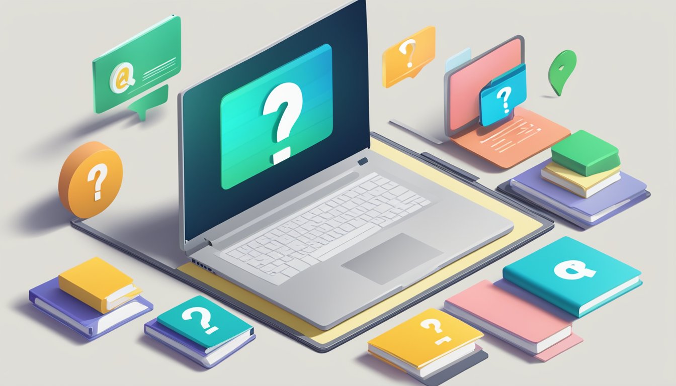 A laptop displaying "Frequently Asked Questions e tuition" with a question mark icon above it