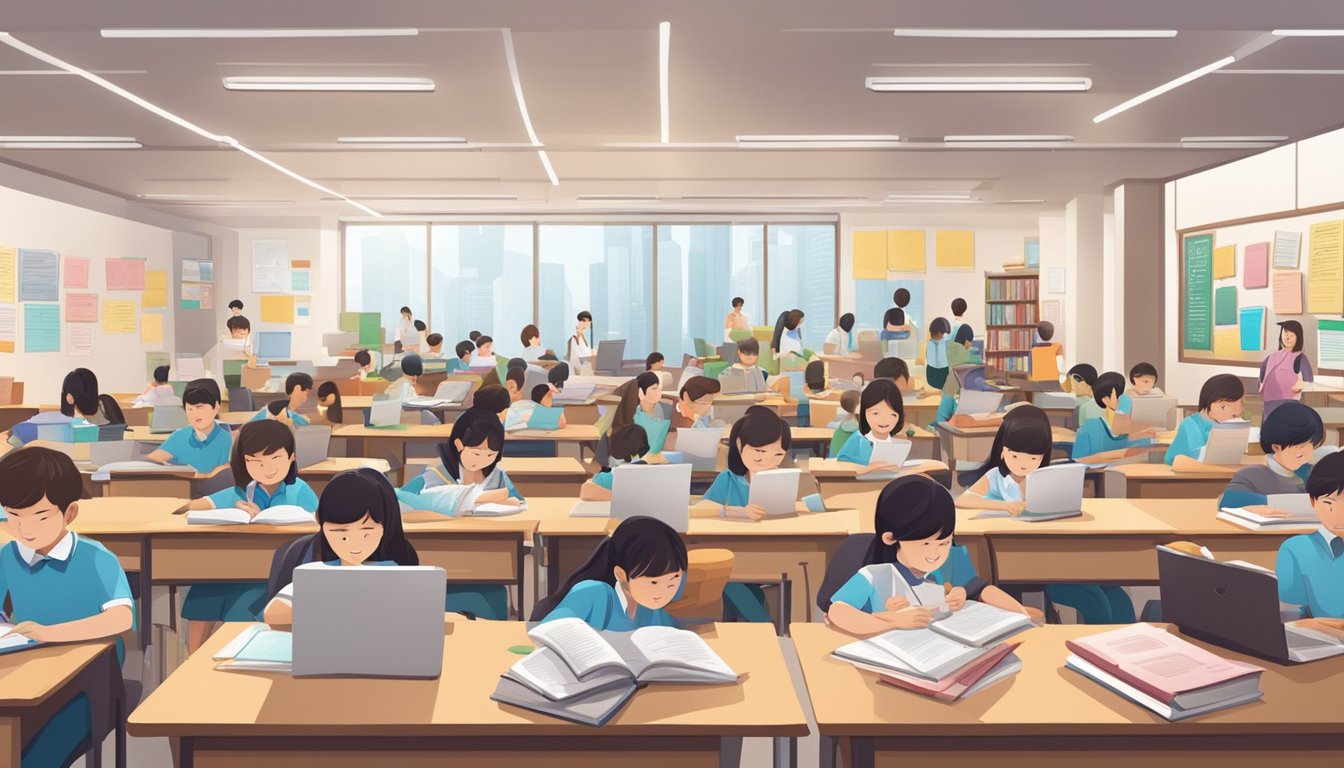 A bustling tuition center in Singapore, filled with eager students and dedicated teachers, surrounded by stacks of English study materials