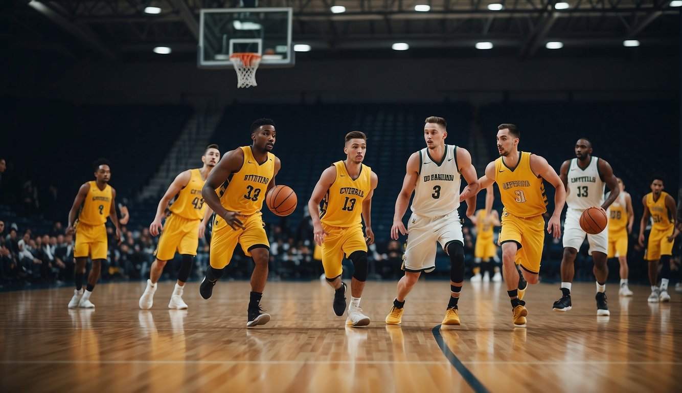 A diverse group of players in team uniforms dribble and pass a basketball on a court with mixed-ability teams competing