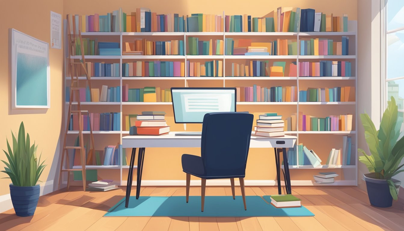 A cozy study room with shelves of English books, a whiteboard filled with grammar rules, and a desk with a laptop and colorful writing materials