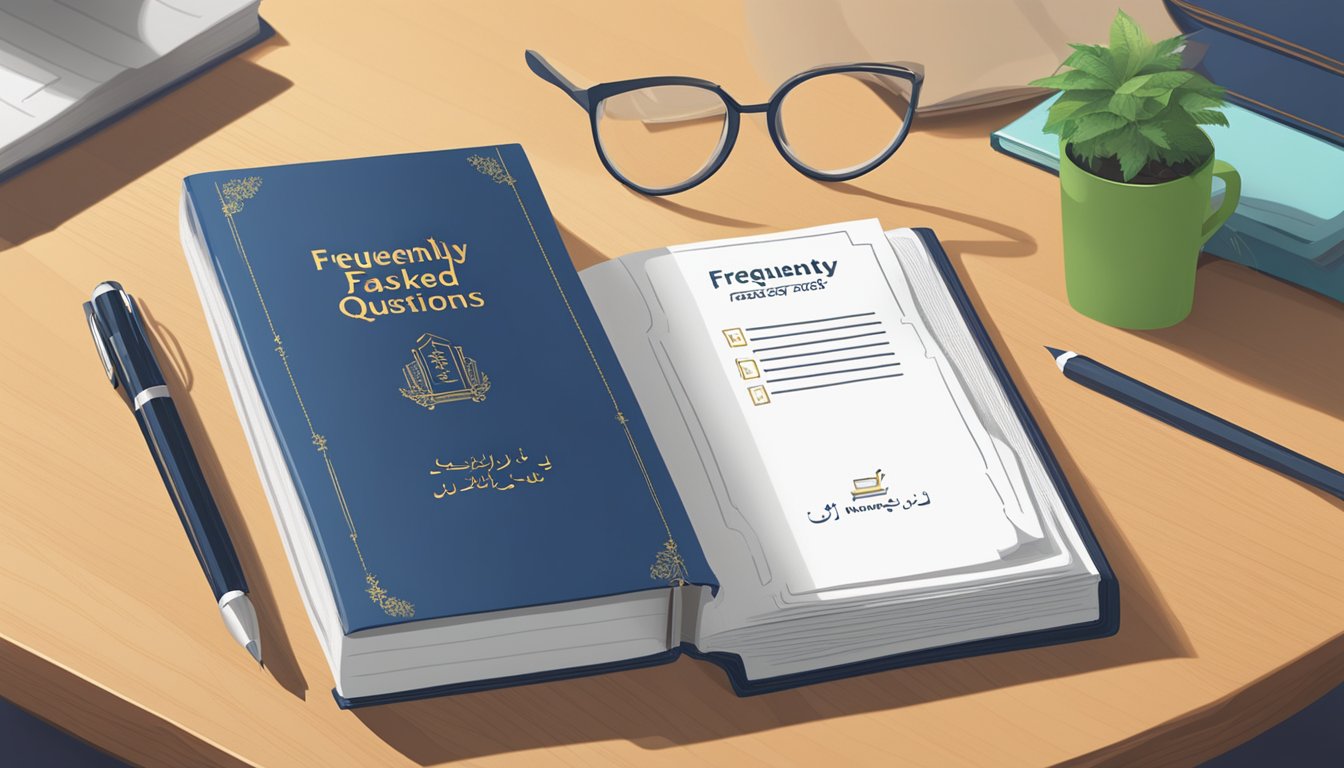 A book with "Frequently Asked Questions" in English and its Urdu translation "تعلیم کا مطلب" displayed prominently on a desk