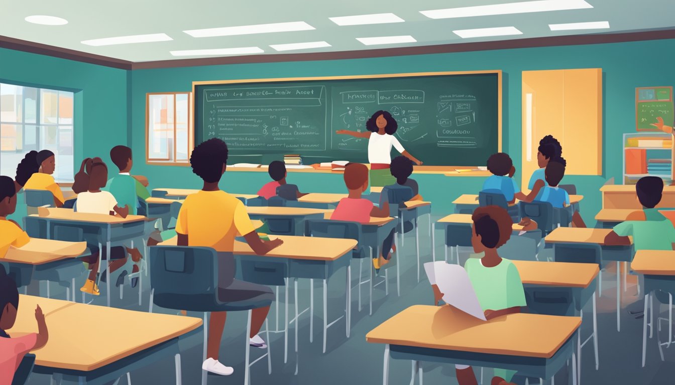 A vibrant classroom setting with a chalkboard displaying "Frequently Asked Questions" and students engaged in learning activities