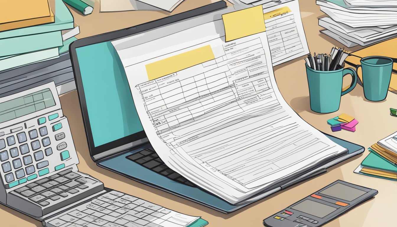 A stack of papers labeled "Frequently Asked Questions" about RMIT tuition, surrounded by a laptop, calculator, and pen