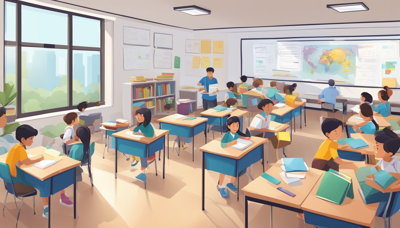 A bustling classroom with students engaged in learning at Bishan Tuition. Books, whiteboard, and desks fill the space