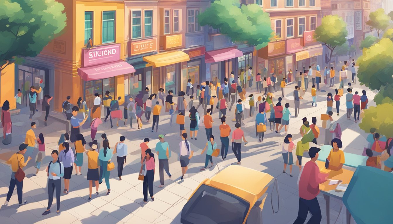 Students bustling in and out of tuition centers, colorful signboards lining the streets, tutors engaged in animated discussions with parents