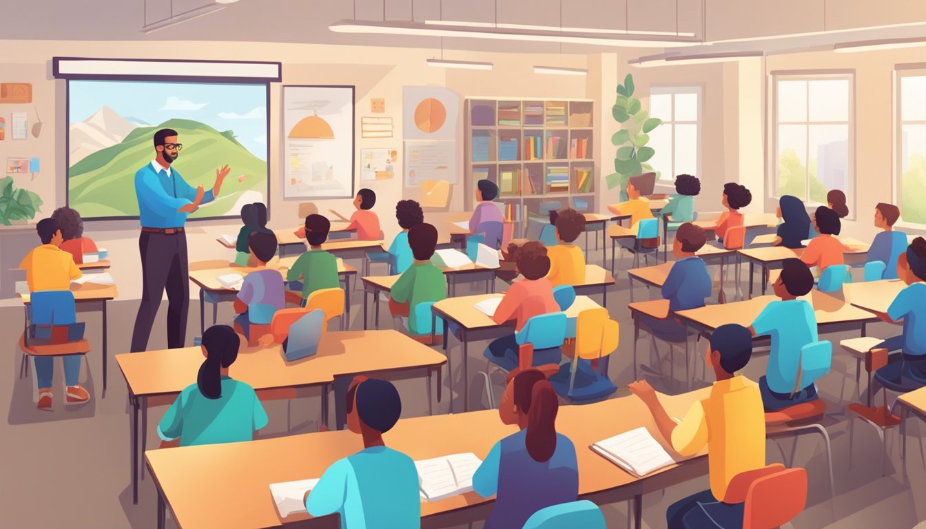 A bright, spacious classroom filled with eager students and a passionate teacher at the front, engaging in interactive learning activities