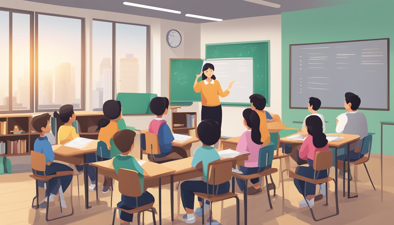 A group of students and a teacher in a classroom discussing and asking questions about the bishan tuition program