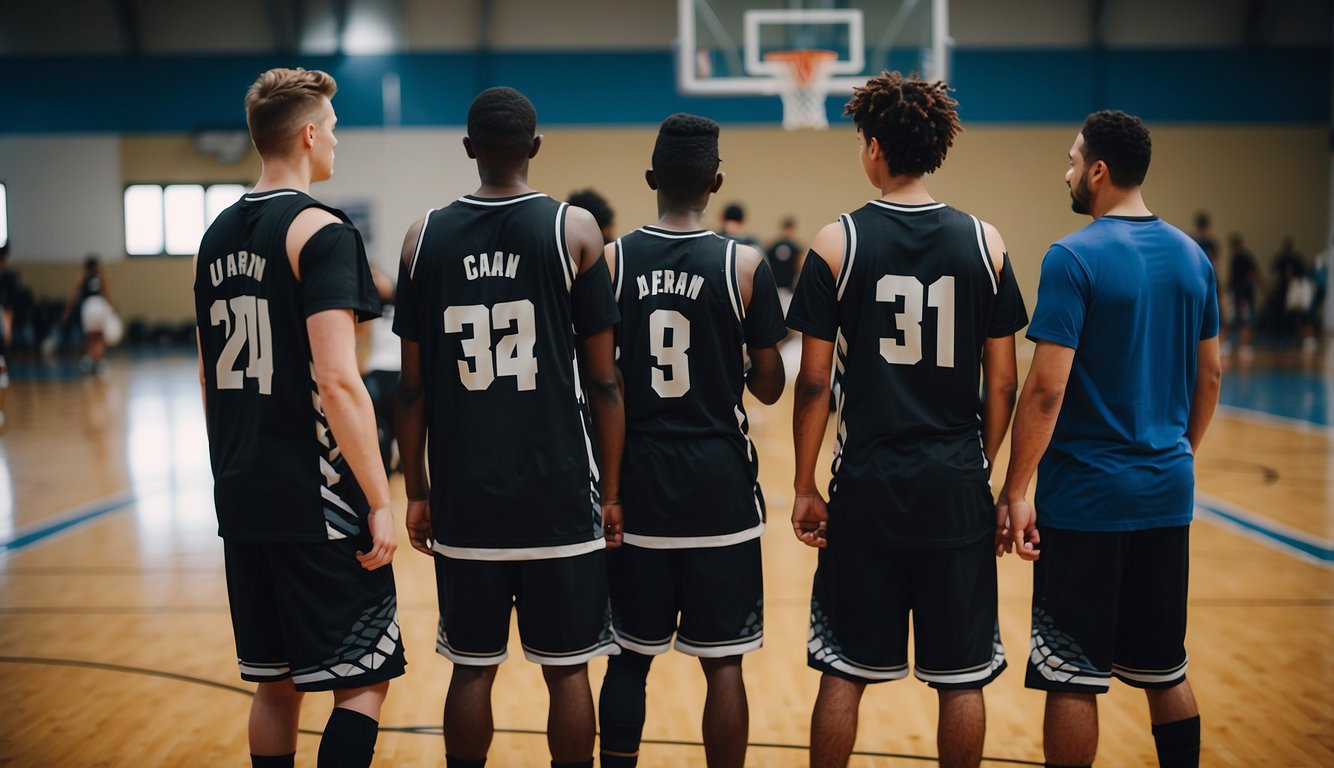 Players in jerseys and shorts gather on a basketball court. Coaches and volunteers set up equipment and arrange teams for Unified Basketball