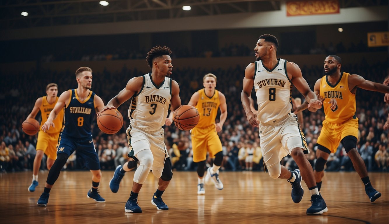 A diverse group of players in basketball uniforms, of all abilities, coming together to play a game on a court, with spectators cheering and supporting them