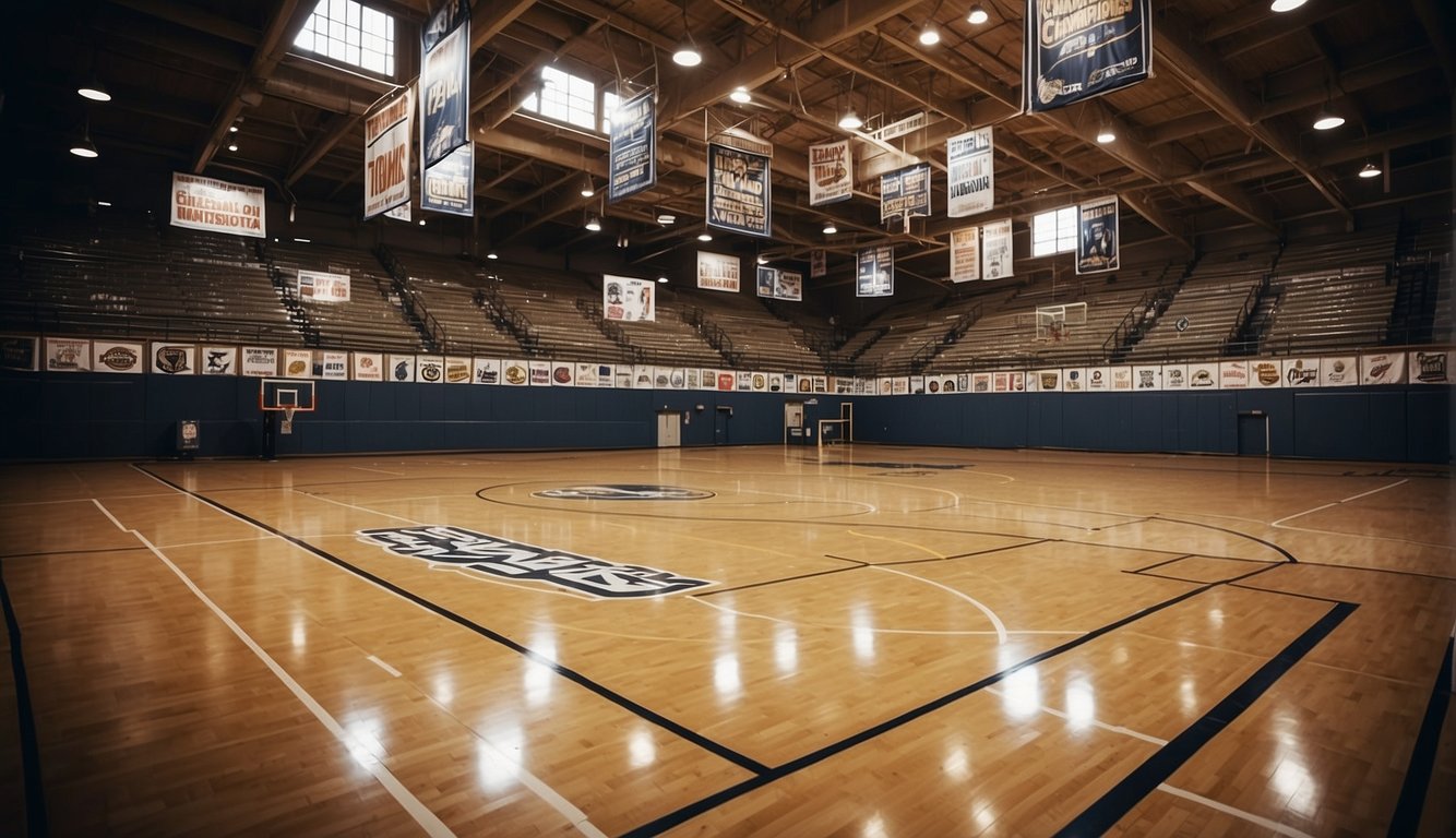 A basketball court with banners displaying the team's numerous championship titles. Trophy cases filled with gleaming awards and memorabilia