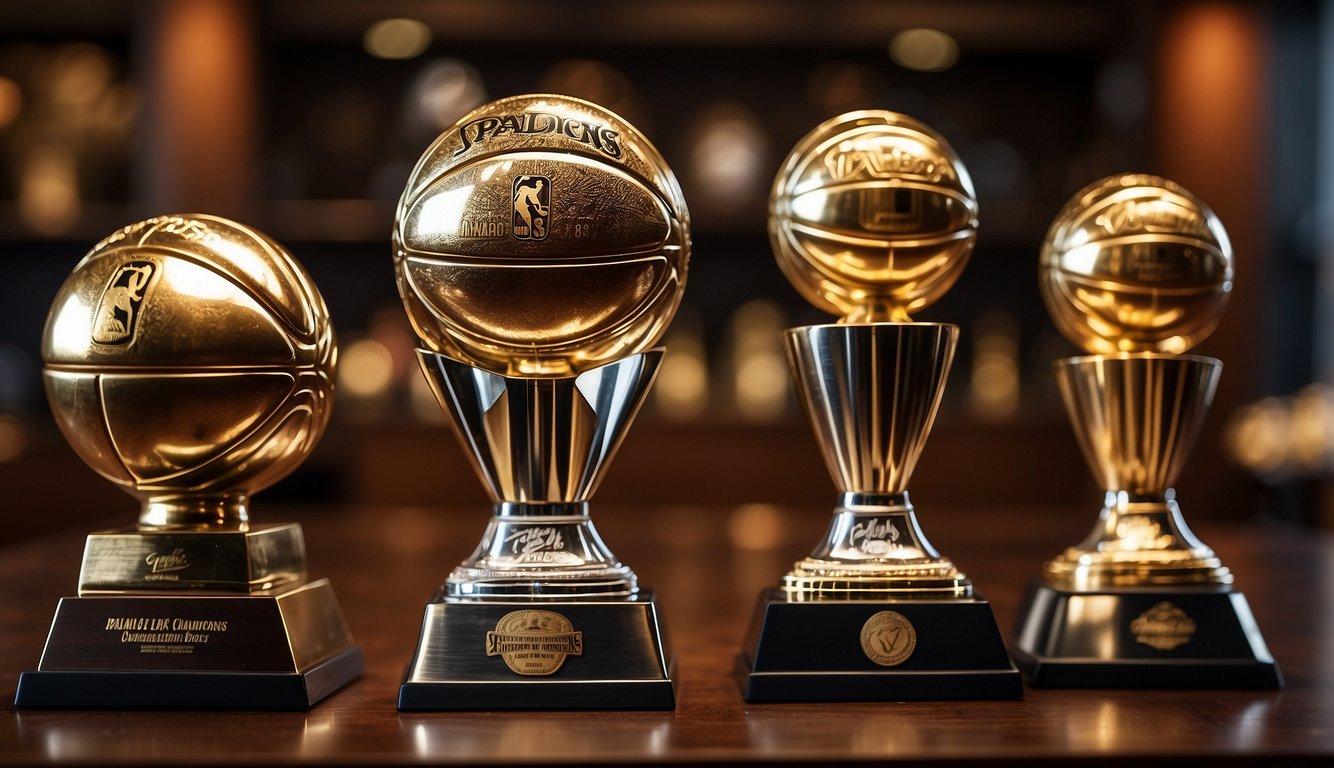 A display of NBA championship trophies, with the team logos and years engraved on each one