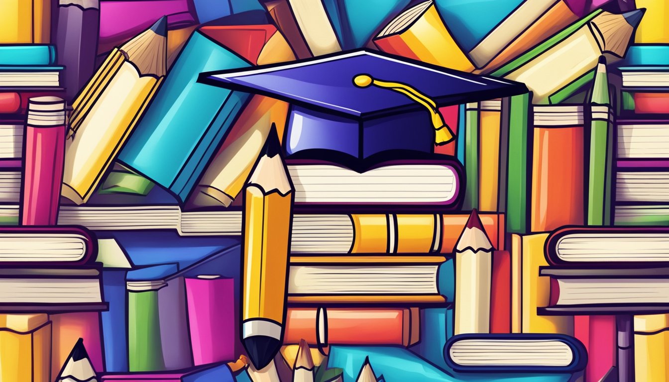 A bright and colorful logo design featuring books, a graduation cap, and a pencil, surrounded by a radiant glow