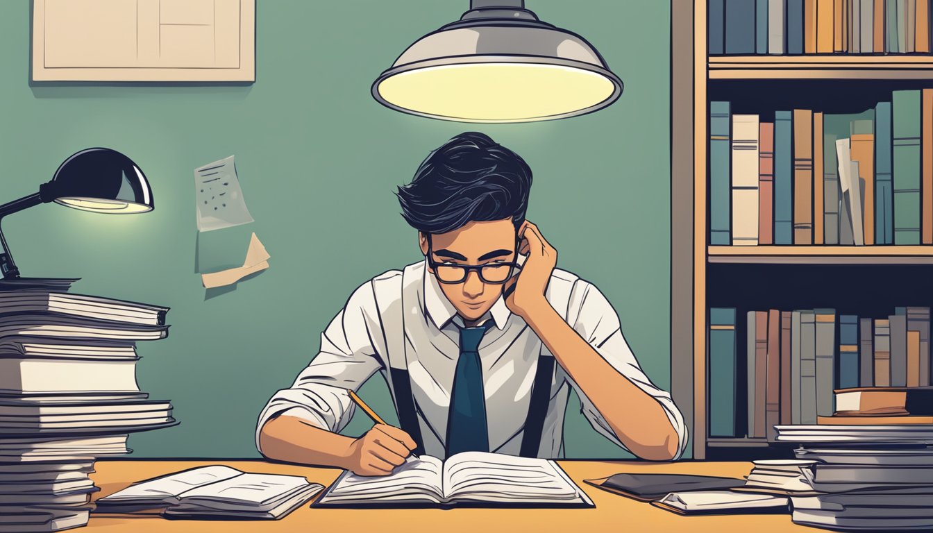 A student sits at a desk with books and papers, looking perplexed. A light bulb hovers above their head, symbolizing a moment of understanding