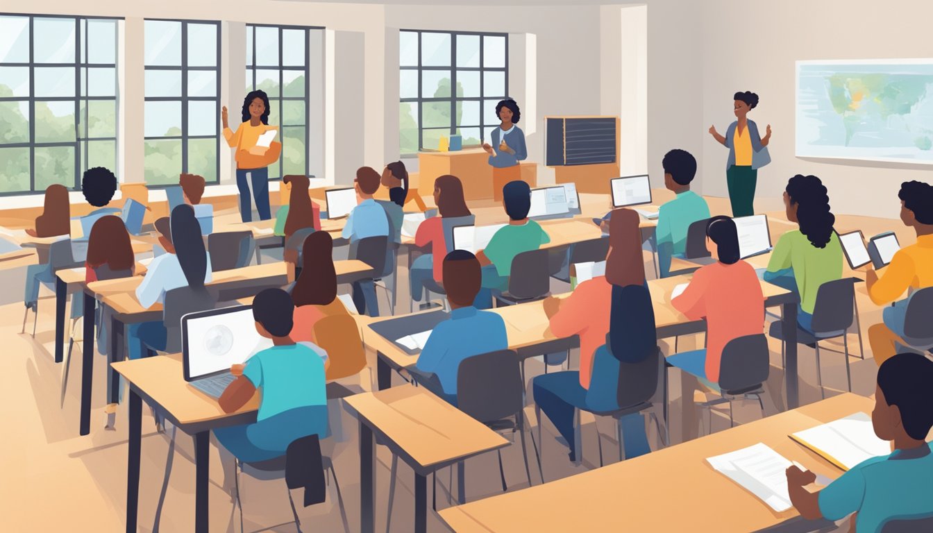 Students in a classroom engaged in interactive learning, receiving personalized attention from a tutor, and actively participating in discussions and exercises